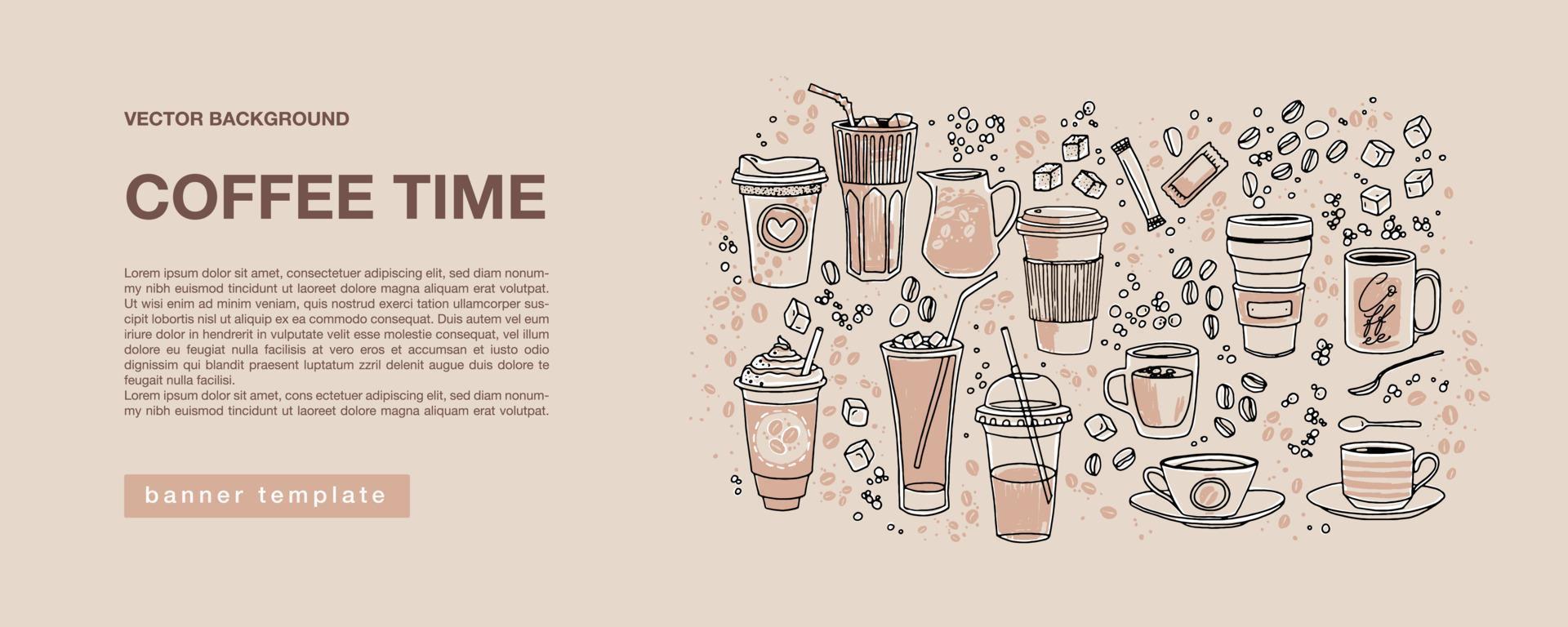 banner horizontal dibujado a mano para campañas de marketing, publicidad, promociones. granos de café de colores y letras de tiempo de café en el centro con cuadros de texto. vector