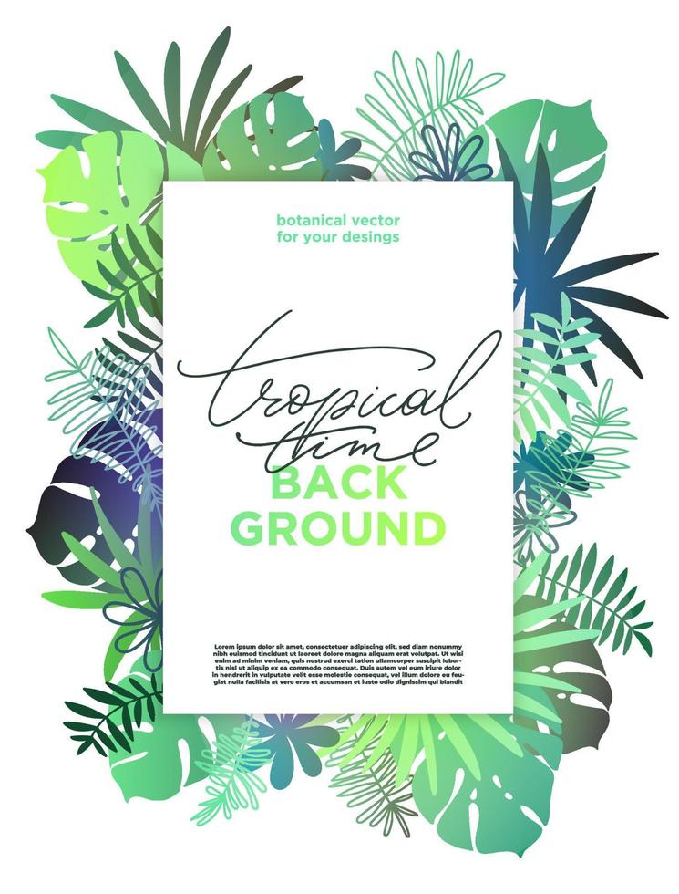 Vector tropical vertical banner with texts. Floral background with various palm leaves. Jungle summer template for posters, invitations, ads, marketing materials