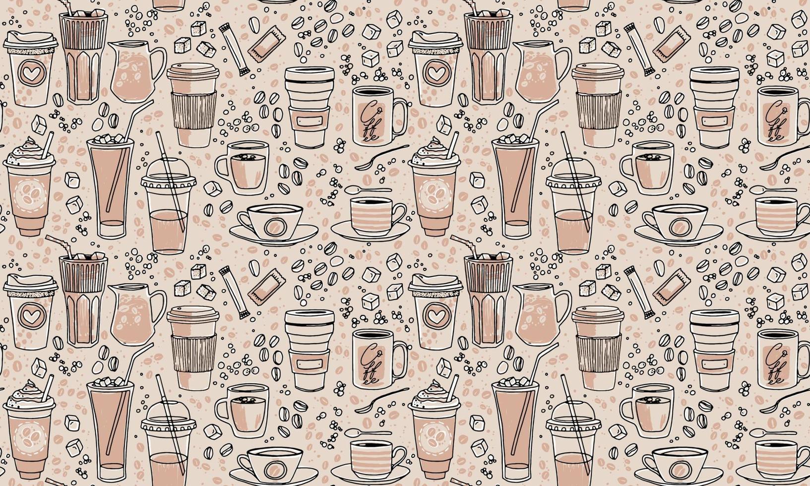 Vector hand drawn seamless pattern. Various cups sketch style drawn background with sugar, spoons, bubbles and coffee beans. Hand drawn linear graphic backdrop.
