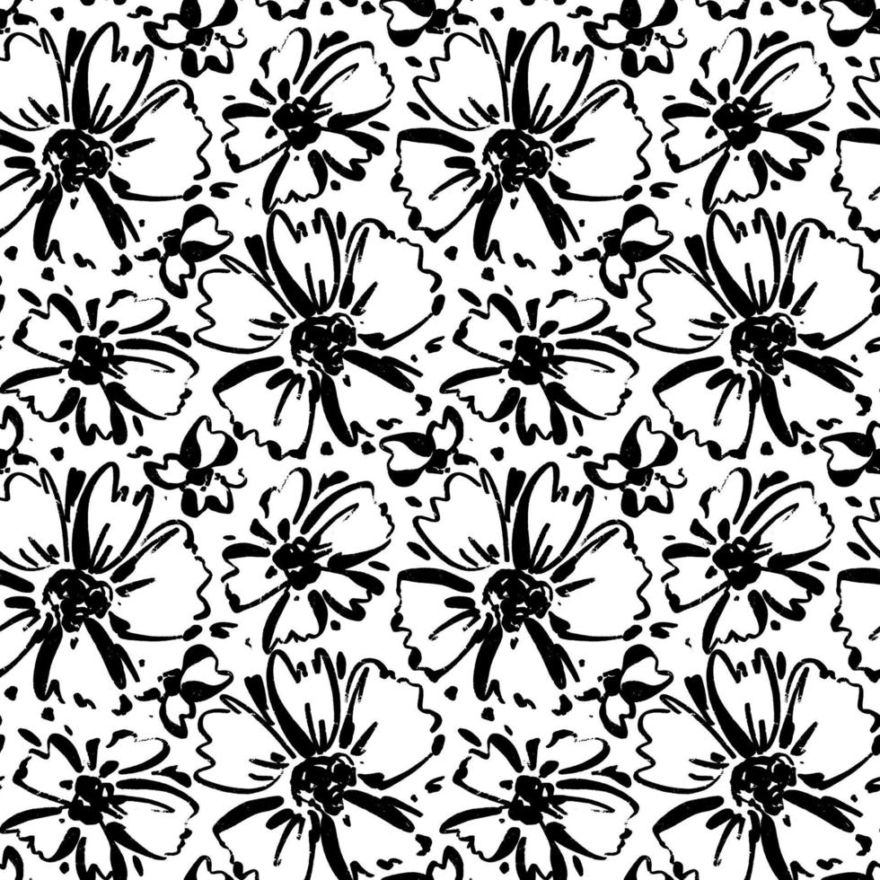 Vector seamless pattern of ink drawing wild plants, herbs and flowers, monochrome botanical illustration, floral elements, hand drawn repeatable background. Artistic backdrop.