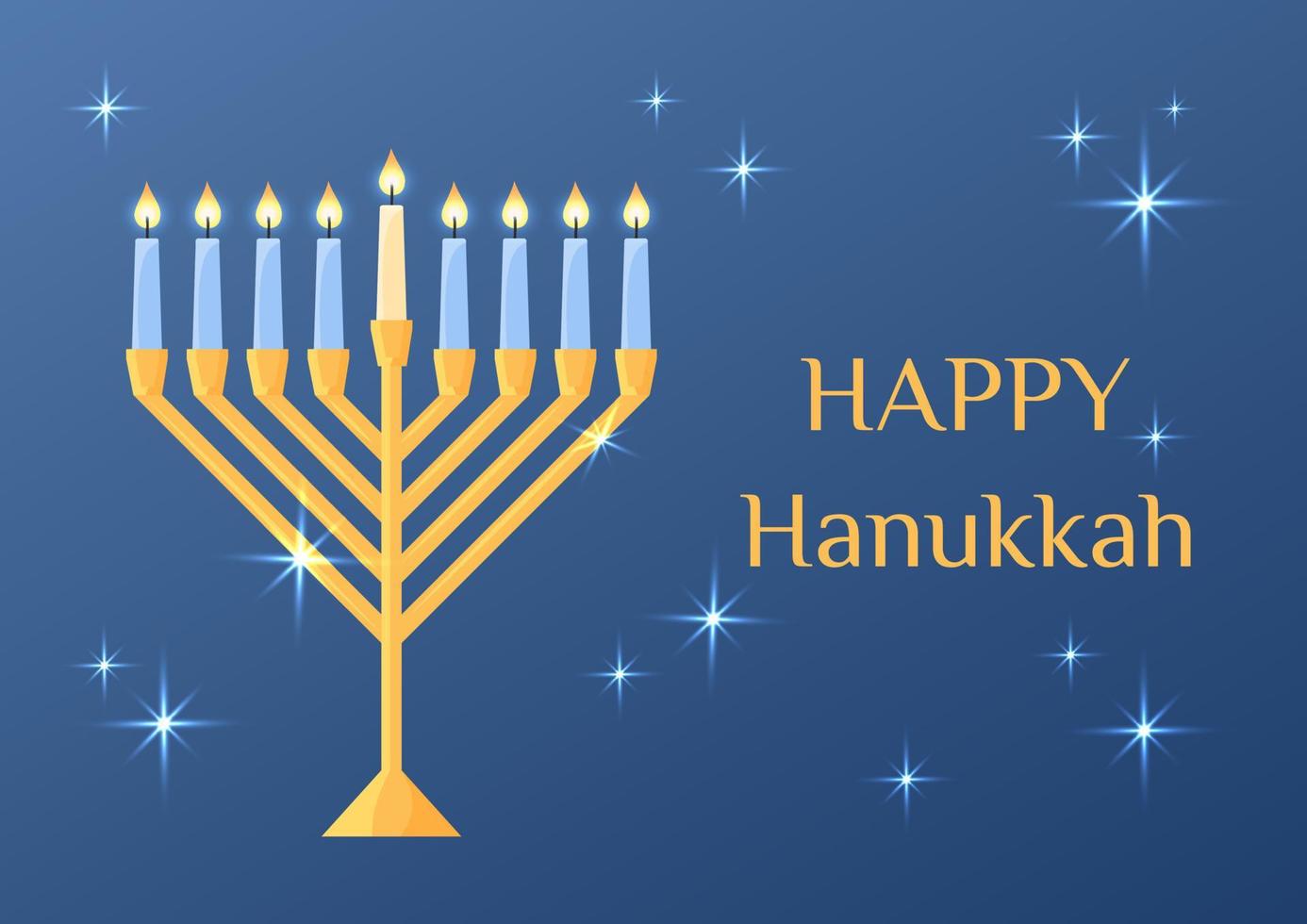 Happy Hanukkah greeting card. Vector illustration with traditional Jewish religious holiday symbol. Shiny chanukiah candle holder. Menorah with burning candles