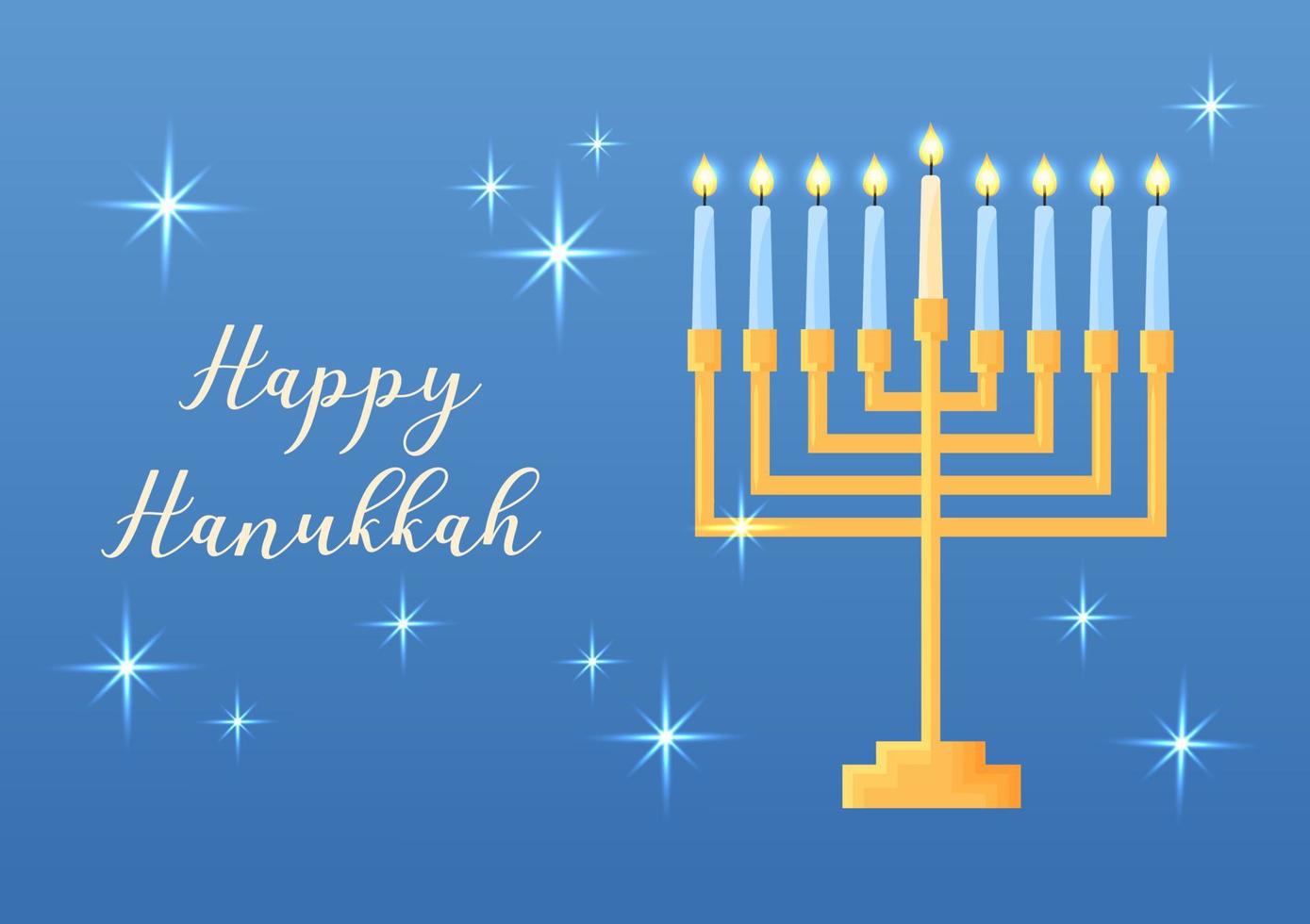 Hanukkah greeting card. Vector illustration with traditional Jewish religious holiday symbol. Shiny chanukiah candle holder. Menorah with burning candles