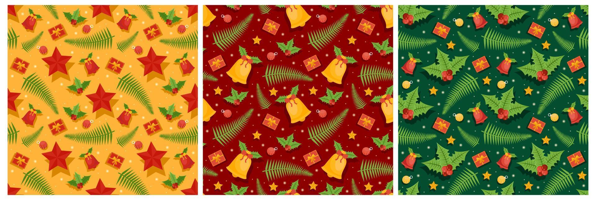Set of Christmas Background Seamless Pattern Design With Santa Claus, Tree, Snowman And Gifts in Template Hand Drawn Cartoon Flat Illustration vector