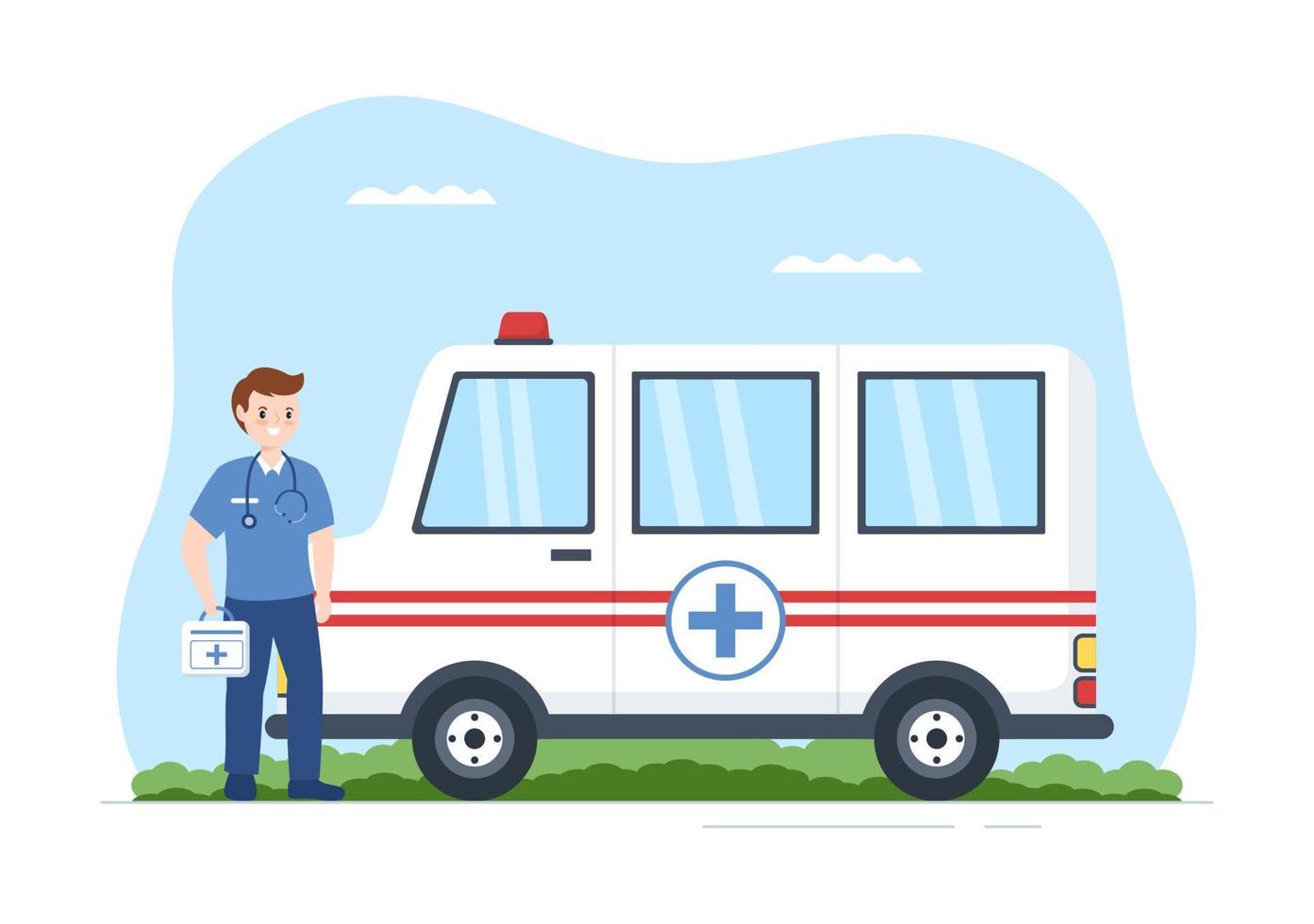 Medical Vehicle Ambulance Car or Emergency Service for Pick Up Patient the Injured in an Accident in Flat Cartoon Hand Drawn Templates Illustration vector