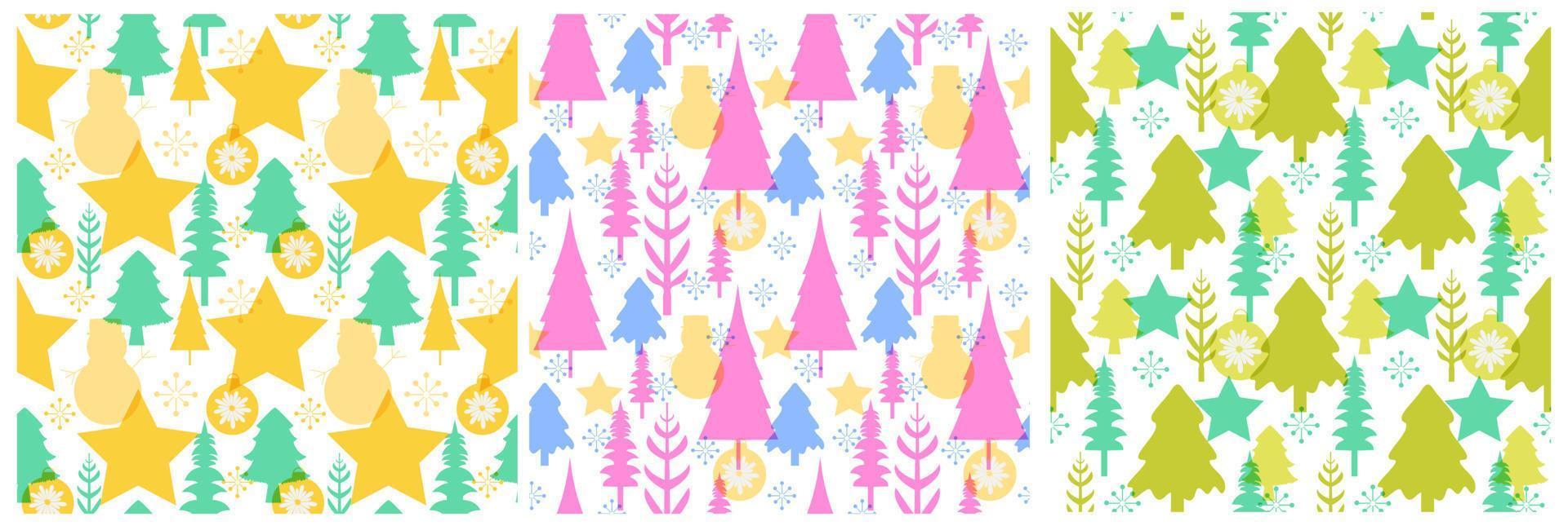 Set of Christmas Background Seamless Pattern Design With Santa Claus, Tree, Snowman And Gifts in Template Hand Drawn Cartoon Flat Illustration vector