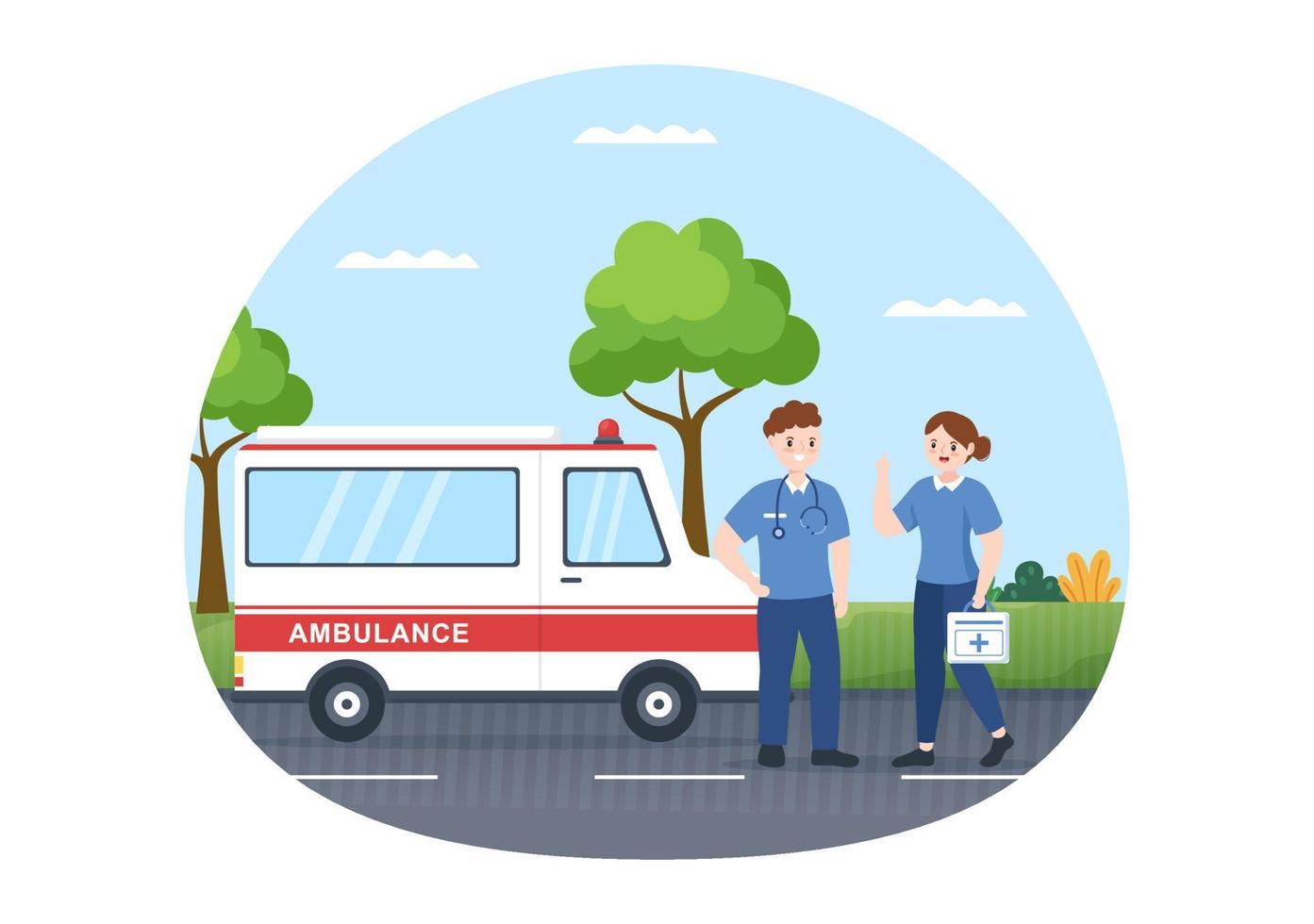 Medical Vehicle Ambulance Car or Emergency Service for Pick Up Patient the Injured in an Accident in Flat Cartoon Hand Drawn Templates Illustration vector