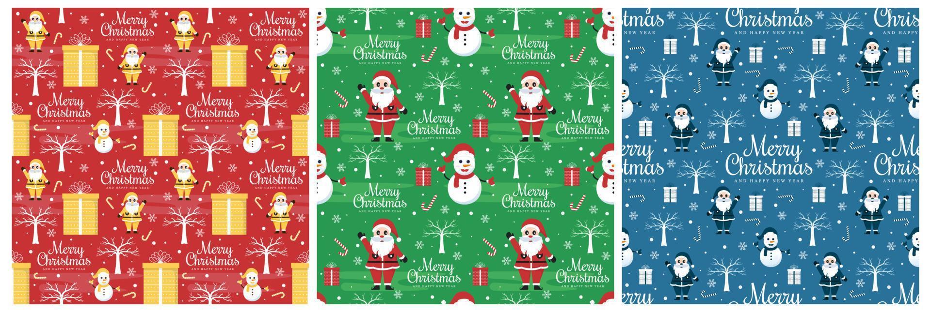 Set of Christmas Background Seamless Pattern Design With Santa Claus, Tree, Snowman And Gifts in Template Hand Drawn Cartoon Flat Illustration vector