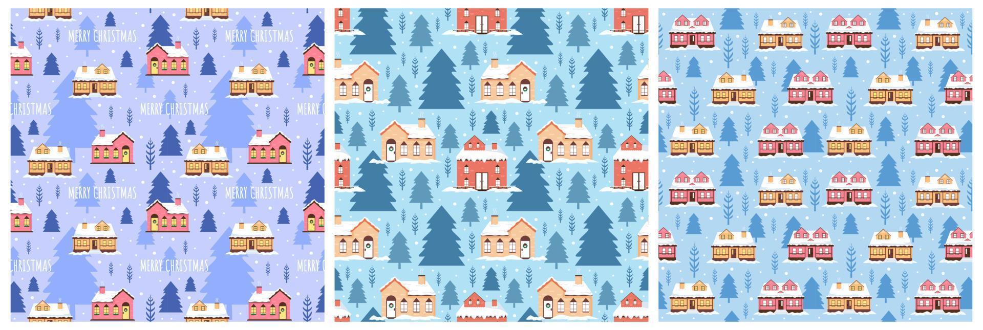 conjunto de diseño de patrones sin fisuras de fondo de navidad con santa claus, árbol, muñeco de nieve y regalos en plantilla ilustración plana de dibujos animados dibujados a mano vector