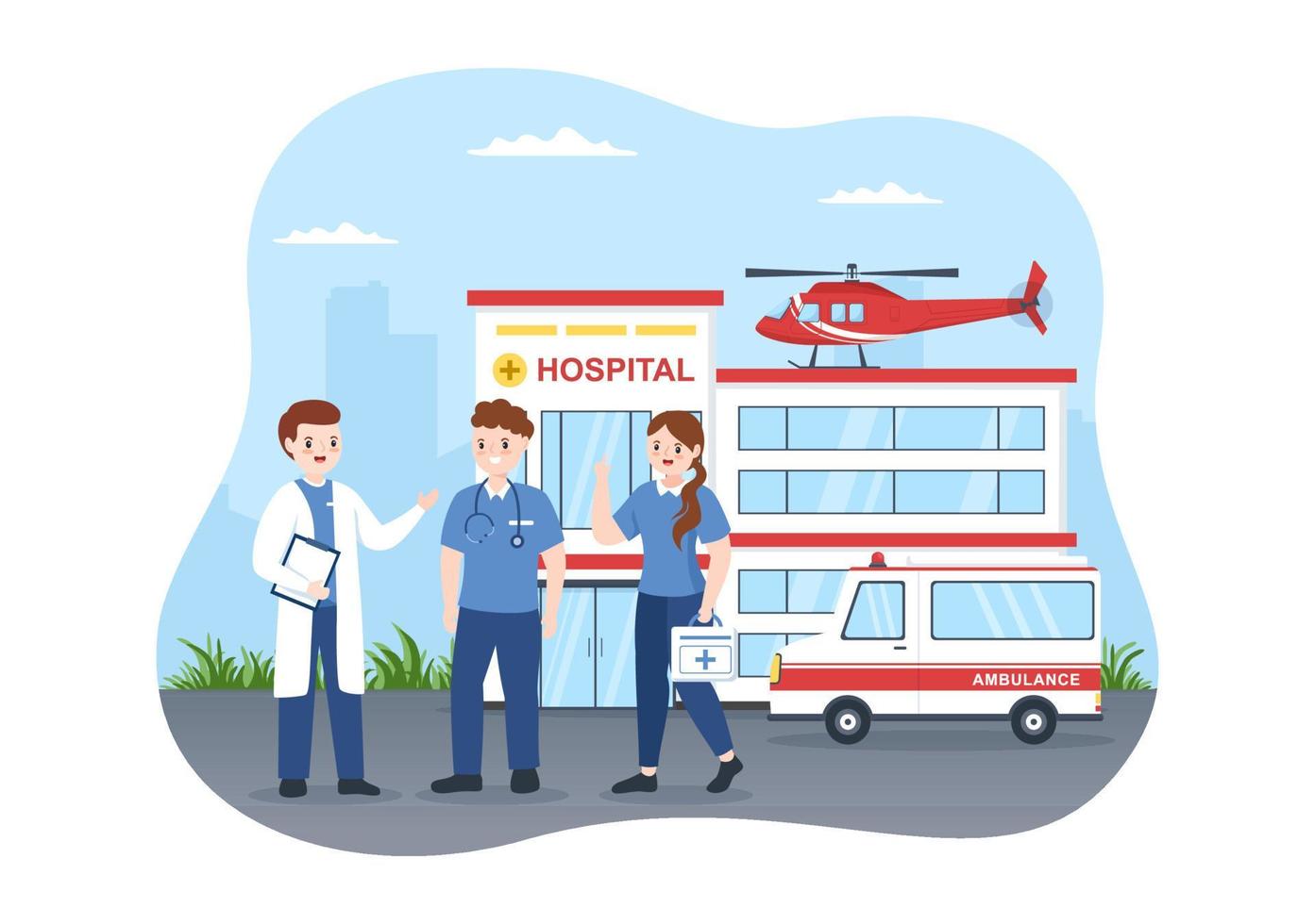 Medical Vehicle Ambulance Car or Emergency Service for Pick Up Patient the Injured in an Accident in Flat Cartoon Hand Drawn Templates Illustration vector