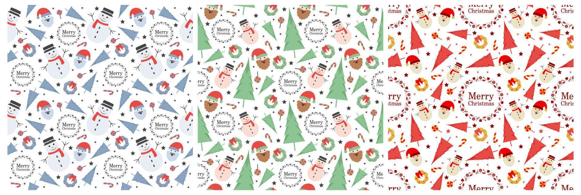 Set of Christmas Background Seamless Pattern Design With Santa Claus, Tree, Snowman And Gifts in Template Hand Drawn Cartoon Flat Illustration vector