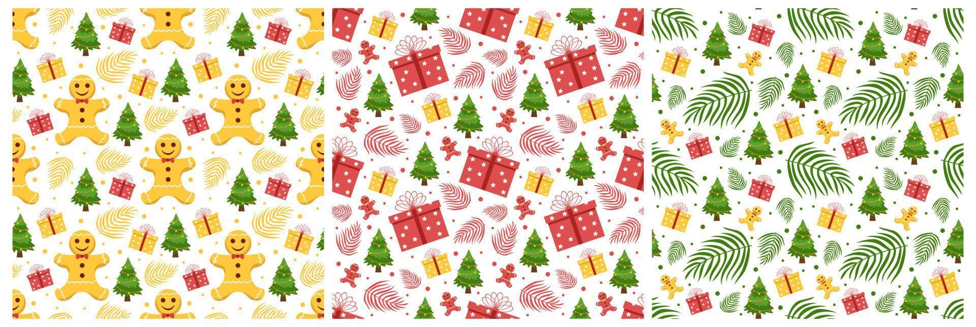 Set of Christmas Background Seamless Pattern Design With Santa Claus, Tree, Snowman And Gifts in Template Hand Drawn Cartoon Flat Illustration vector