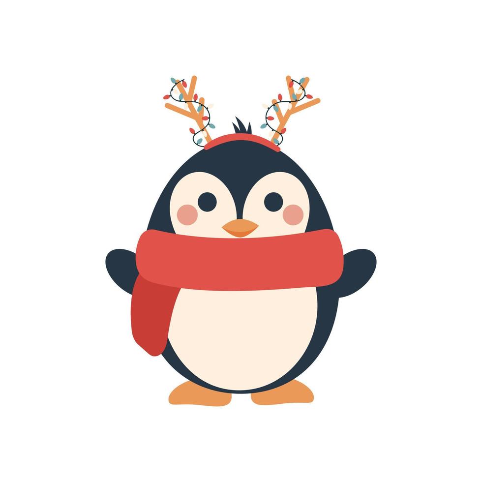 Penguin illustration with garland. Christmas character. Winter 2023 vector