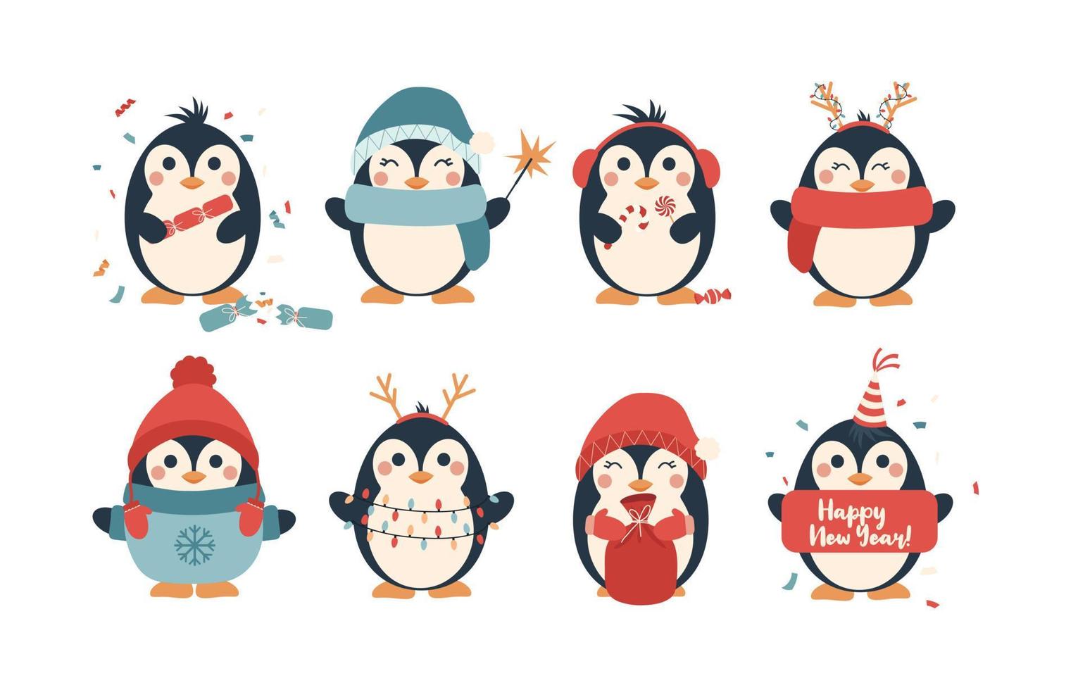 Christmas set of cartoon penguins. Winter 2023 vector