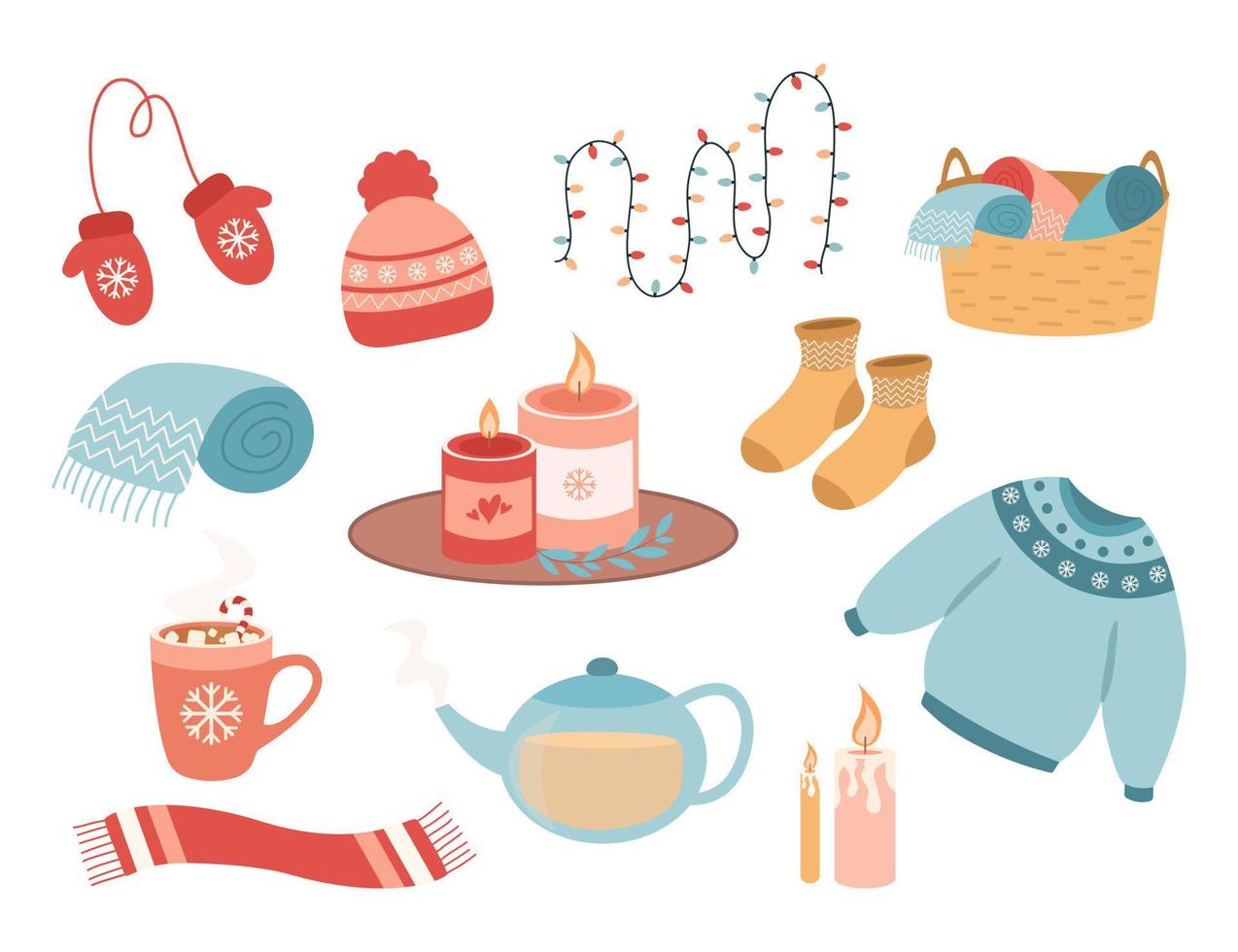 Hygge style. Cozy winter element collection. Sticker set vector