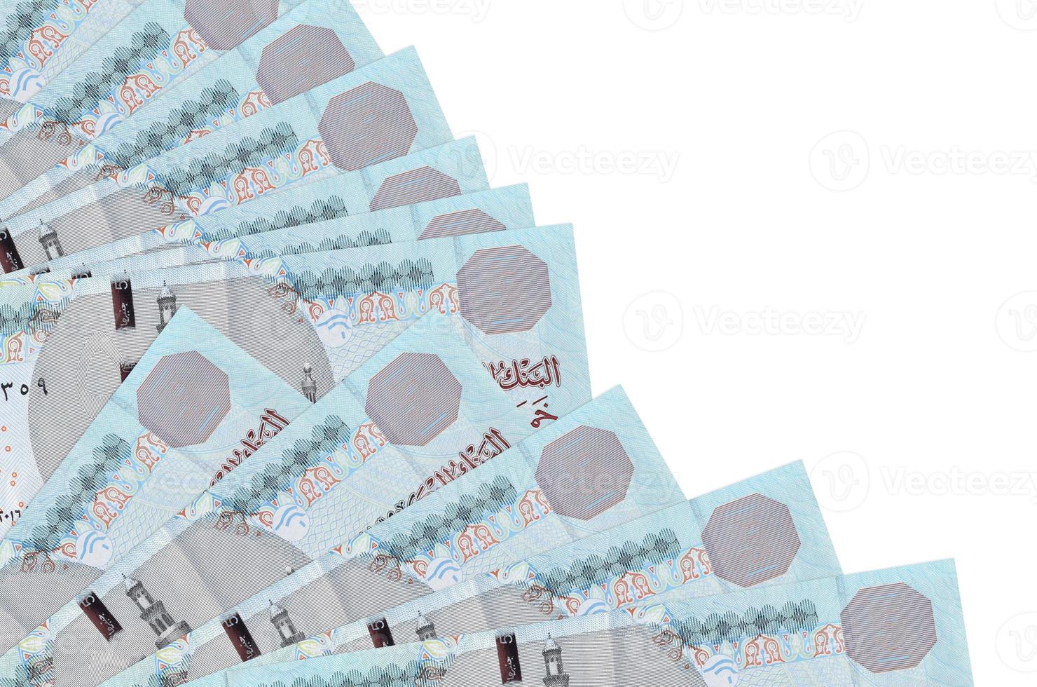 5 Egyptian pounds bills lies isolated on white background with copy space stacked in fan close up photo