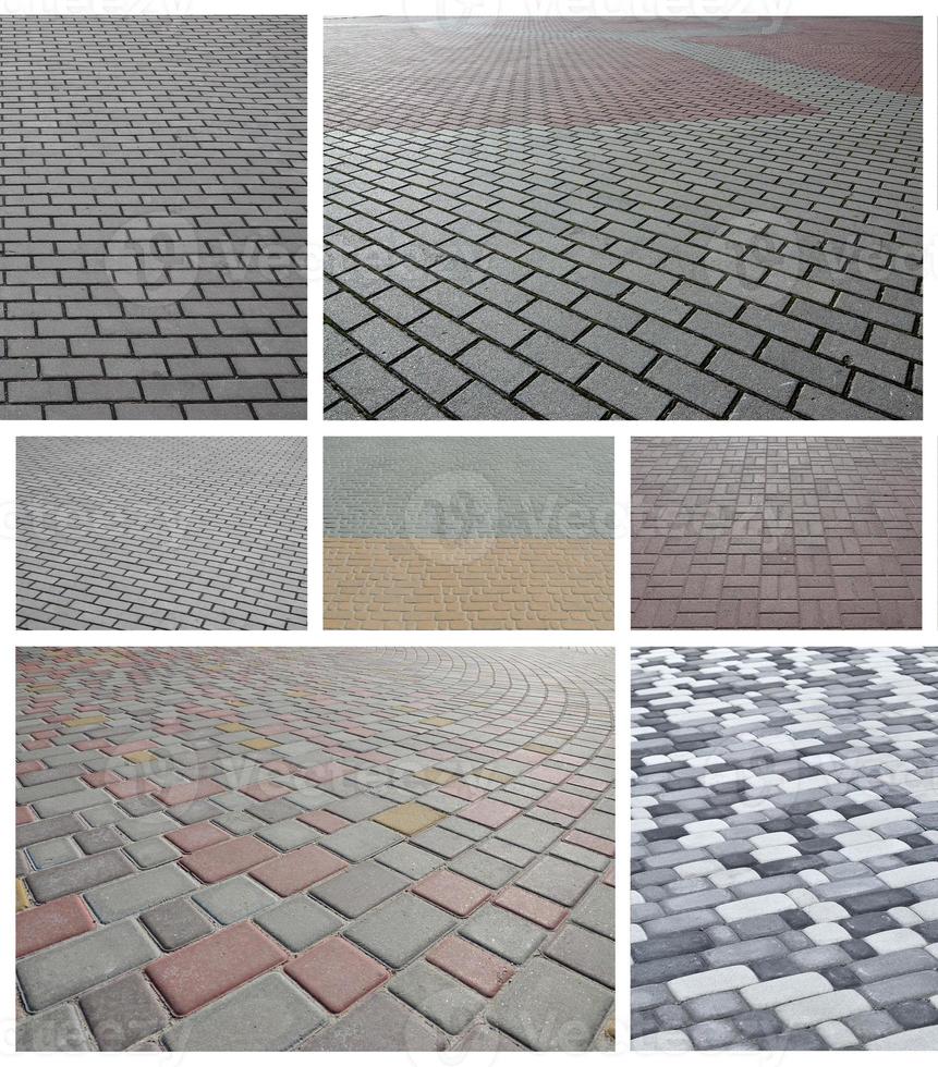 A collage of many pictures with fragments of paving tiles close-up. Set of images with pavement stone photo
