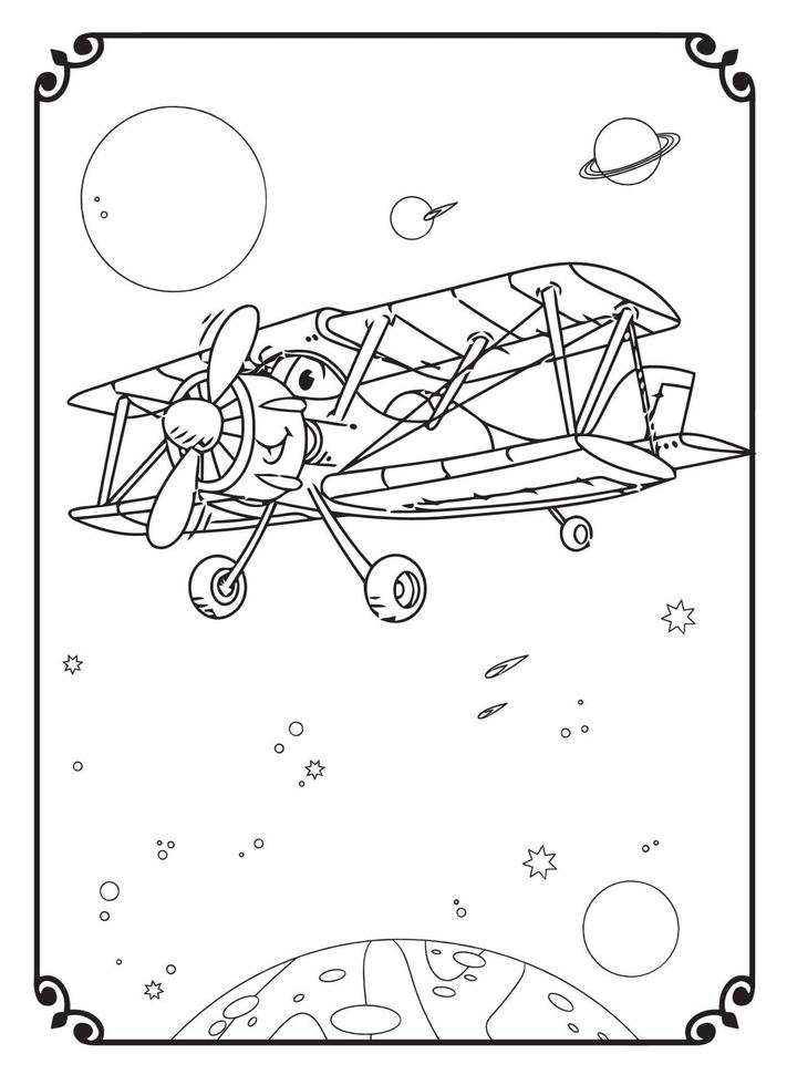 Cute Funny And Happy Airplane With Space And Galaxy Coloring Page For Kids vector