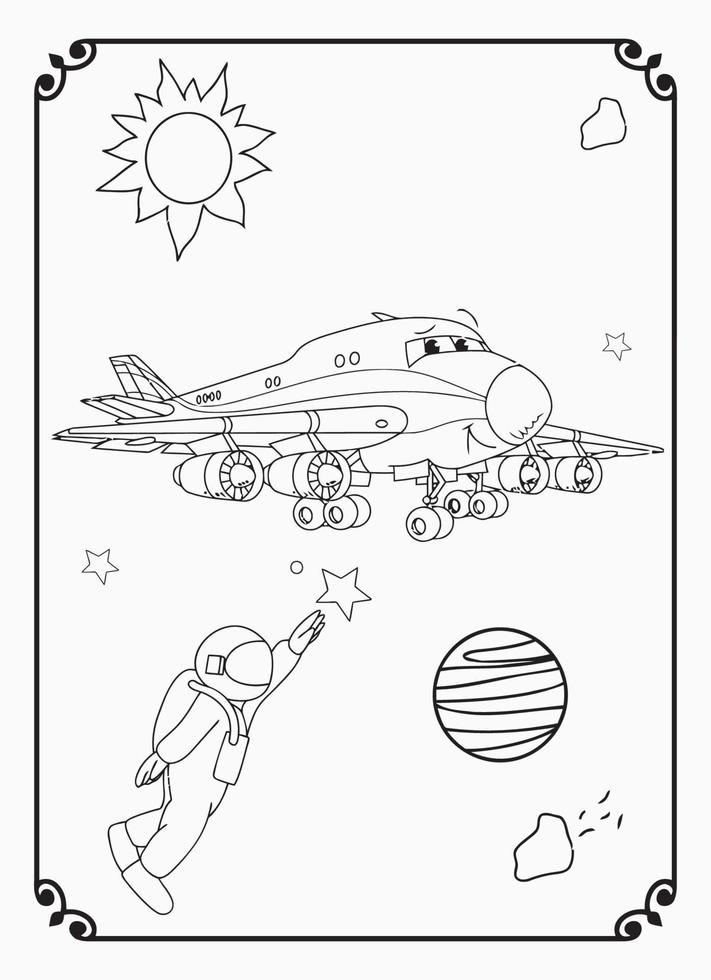 Cute Funny And Happy Airplane With Space And Galaxy Coloring Page For Kids vector