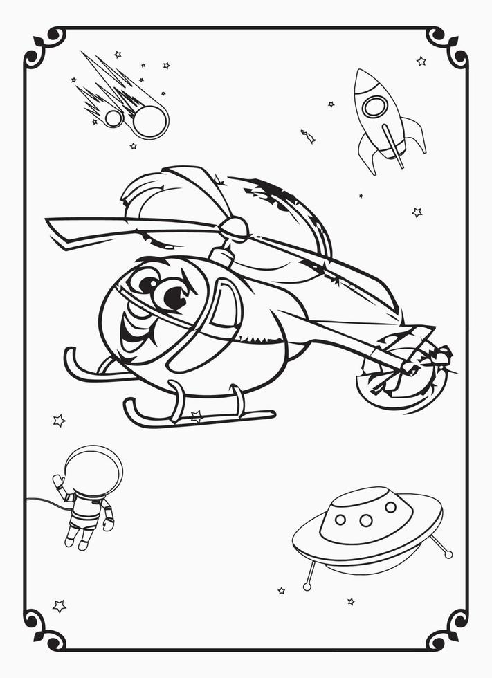 Cute Funny And Happy Airplane With Space And Galaxy Coloring Page For Kids vector