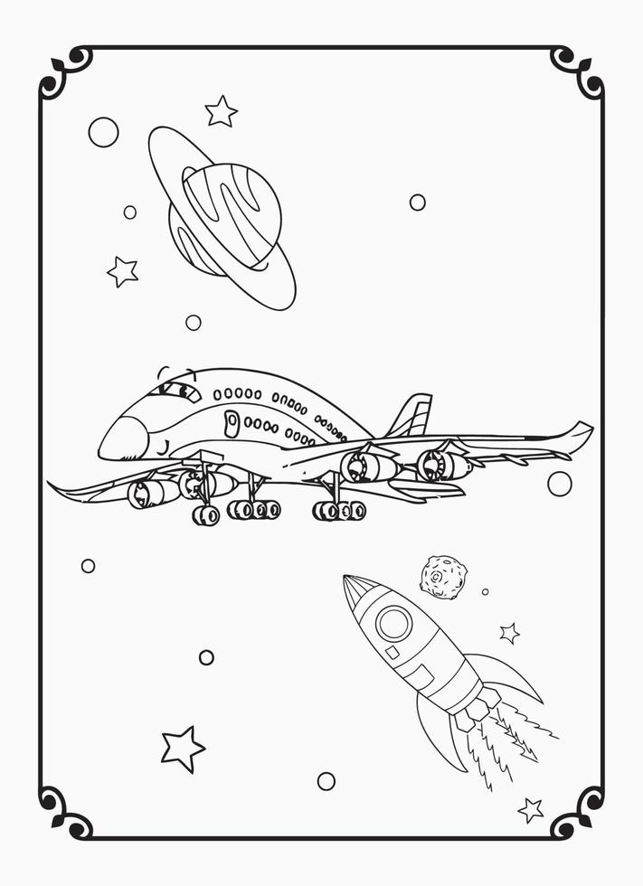 Cute Funny And Happy Airplane With Space And Galaxy Coloring Page For Kids vector