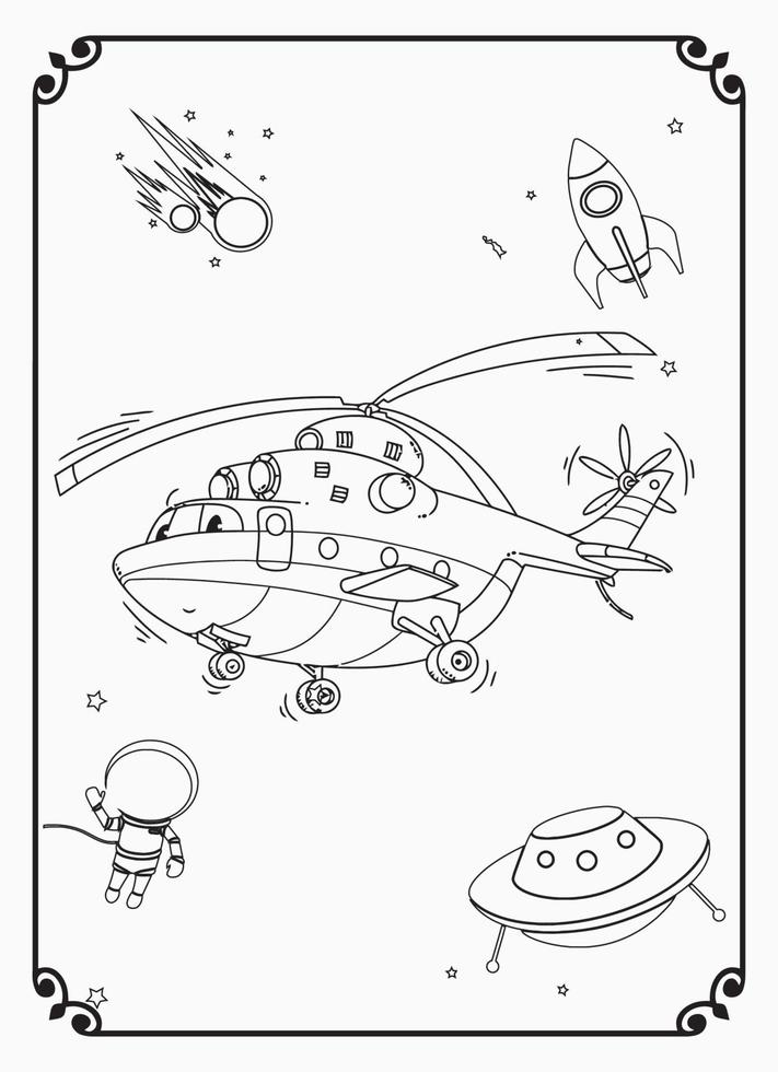 Cute Funny And Happy Airplane With Space And Galaxy Coloring Page For Kids vector