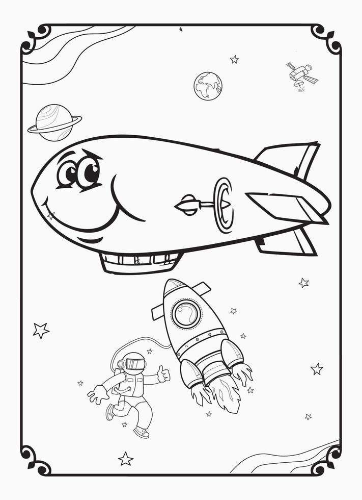 Cute Funny And Happy Airplane With Space And Galaxy Coloring Page For Kids vector