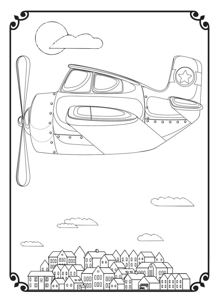 Airplane And City Coloring Page For Adult vector