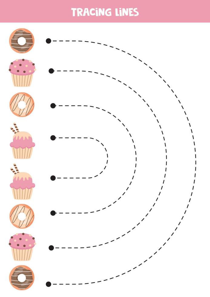 Tracing lines for kids. cute colorful cupcakes and donuts. Writing practice. vector