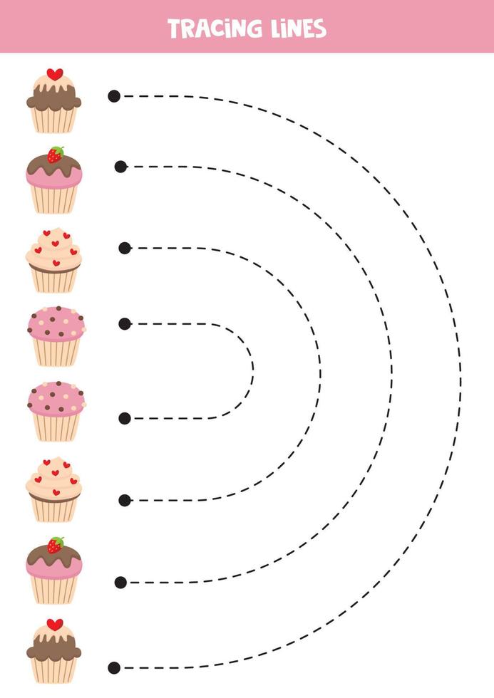 Tracing lines for kids. cute colorful cupcakes. Writing practice. vector