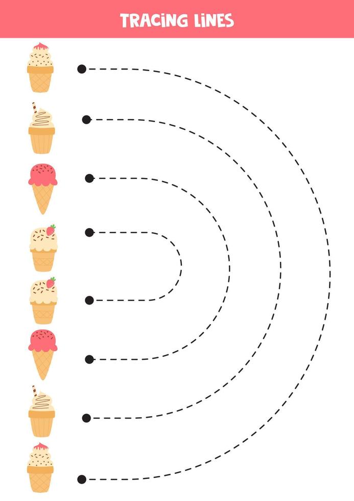 Tracing lines for kids. cute ice creams. Writing practice. vector