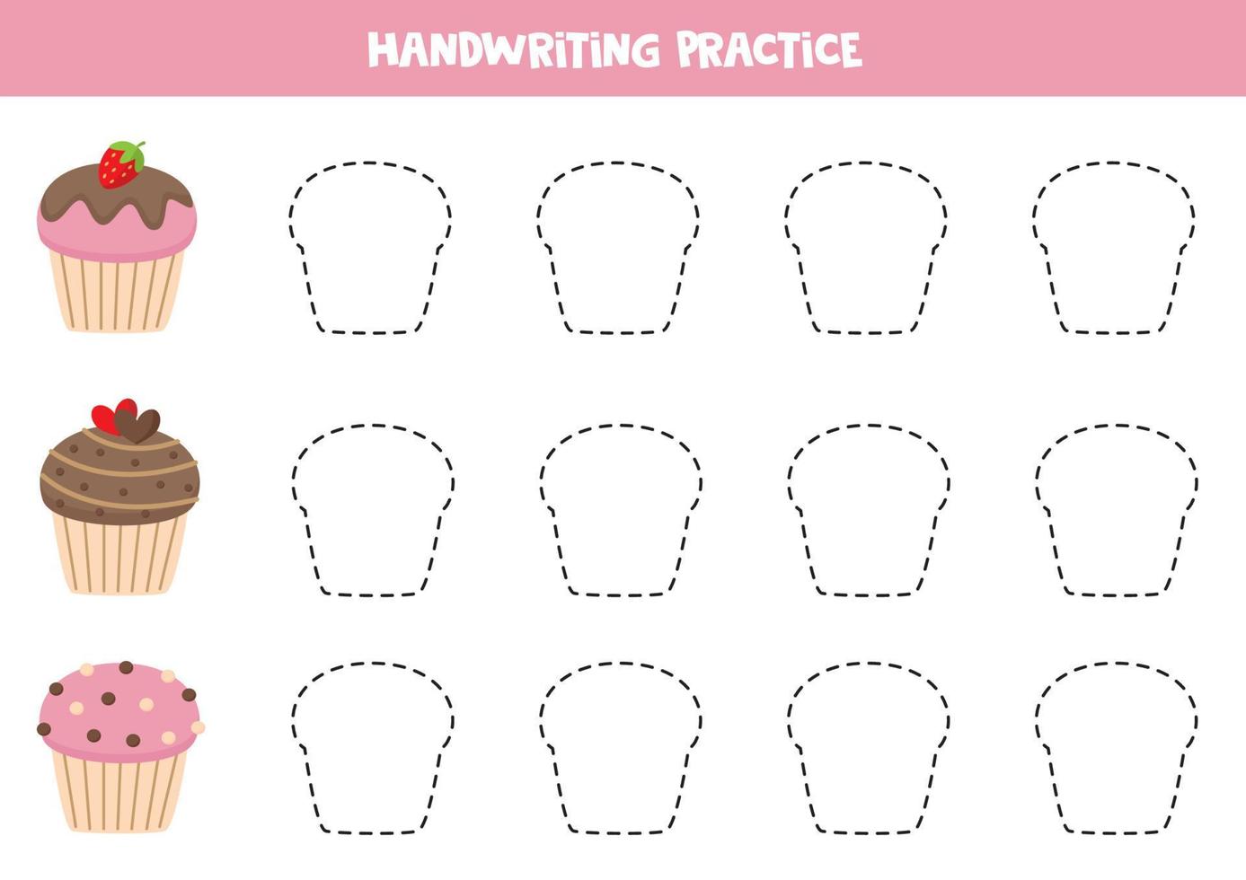 Tracing lines for kids with cute cupcakes. Writing practice. vector