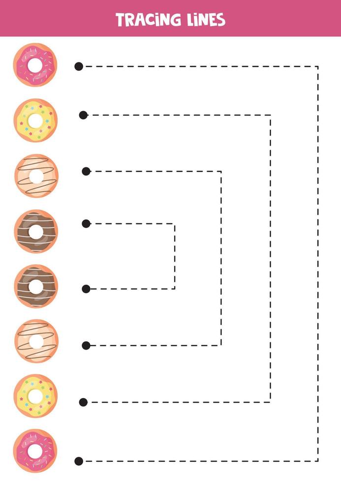 Tracing lines for kids. cute colorful donuts. Writing practice. vector