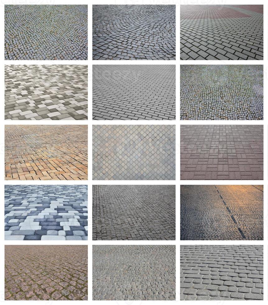 A collage of many pictures with fragments of paving tiles close-up. Set of images with pavement stone photo