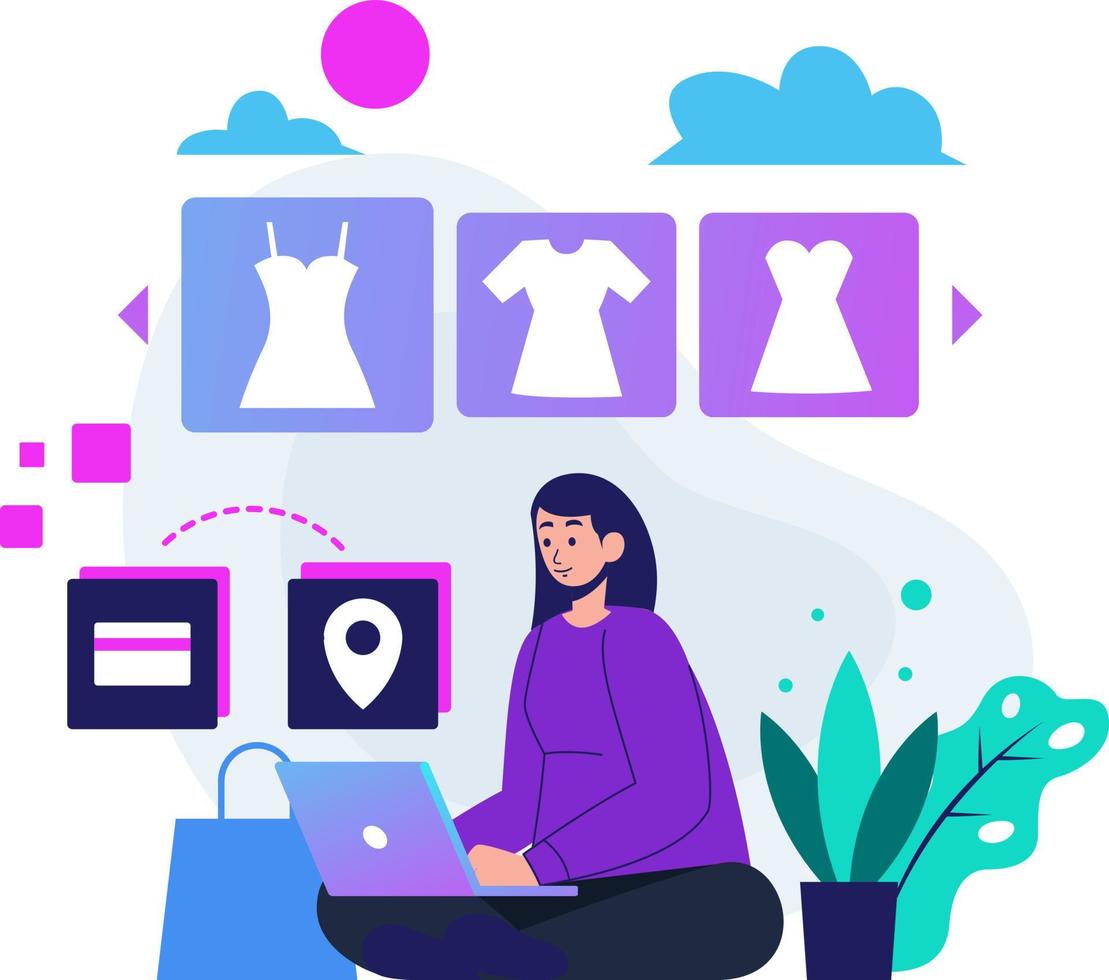 Women Shopping Online Store with their laptop Payment and chose location for drop item vector