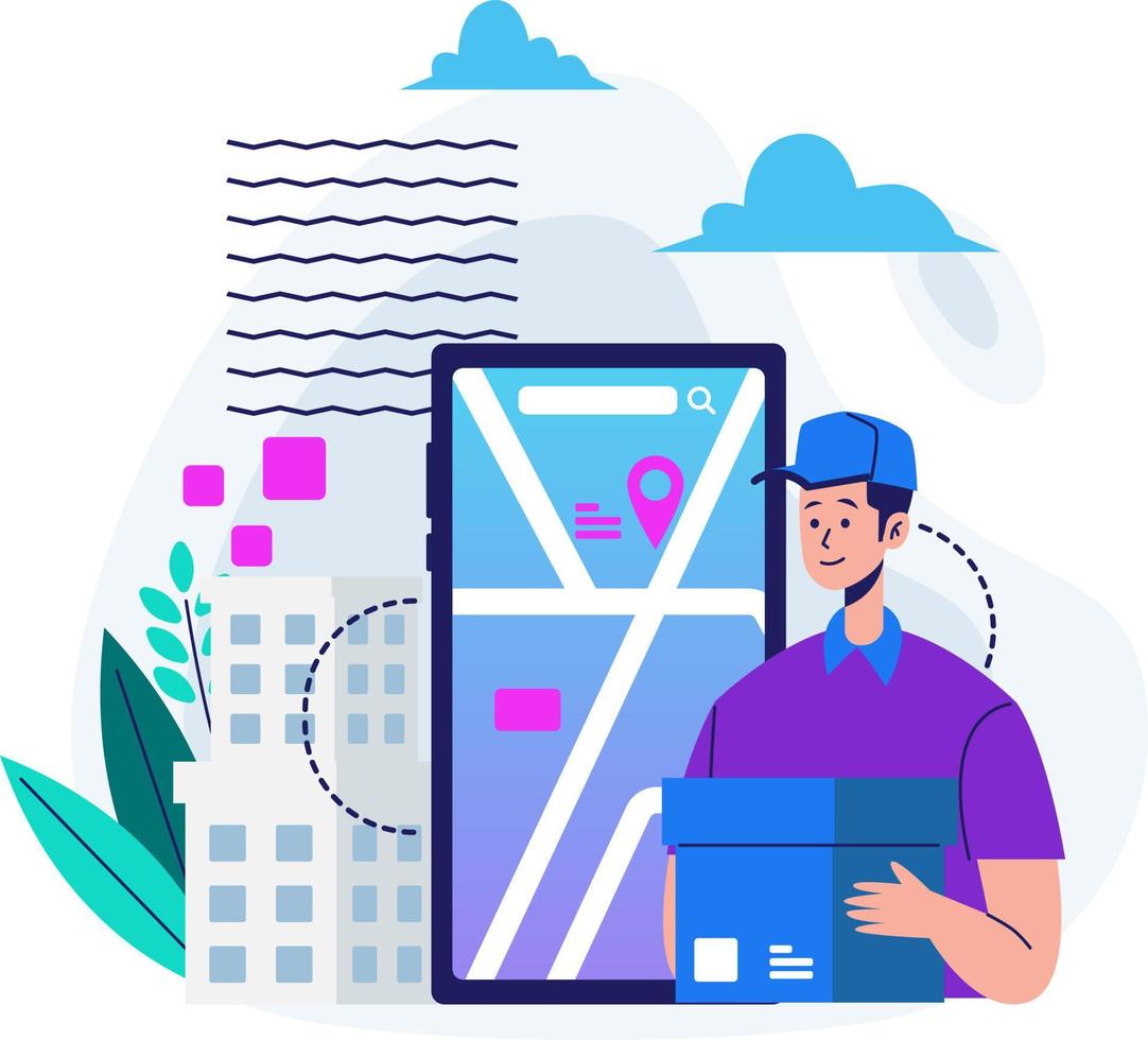 Delivery Man Holding Cardboard With Location Map Background on Mobile Screen Flat Illustration vector