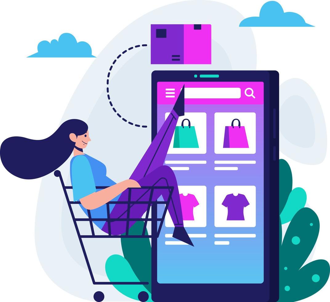 mujer montando carrito para ir de compras a la tienda en línea a través de la ilustración plana de un teléfono inteligente vector