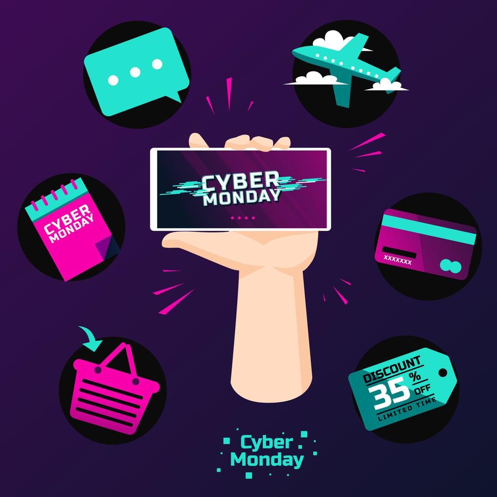 Cyber Monday Easy Shopping On Smart phone with various Icons Note Chat box voucher plane basket Card vector
