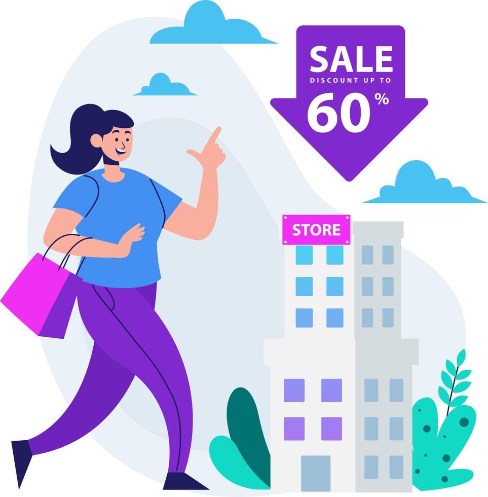 Woman Carrying Shopping Bag Walking To The Shopping Center Has Discount vector