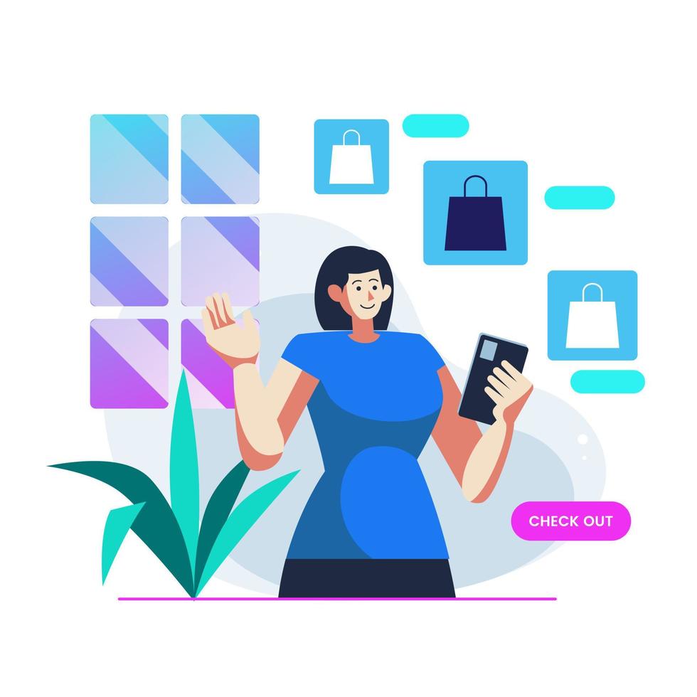 Cyber Monday Woman Character Shoping Online Store Their Bags Collection on a phone vector