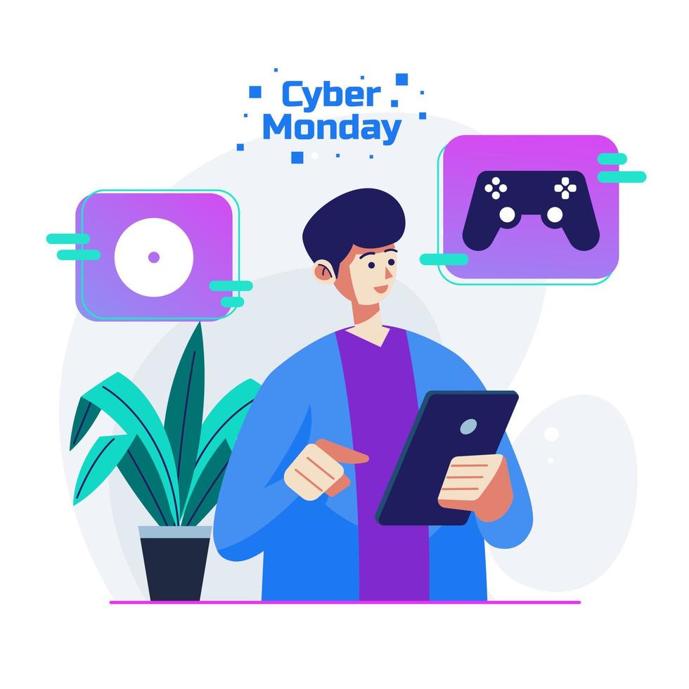 cyber monday man personaje compras tienda en línea equipo de juego con pestaña de sujeción vector