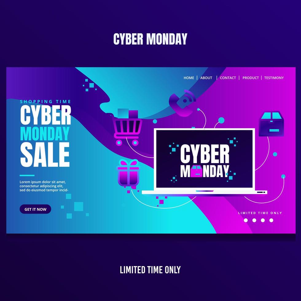 Cyber Monday Sale Laptop with Marketing Icons Landing Page Design Neon Theme vector