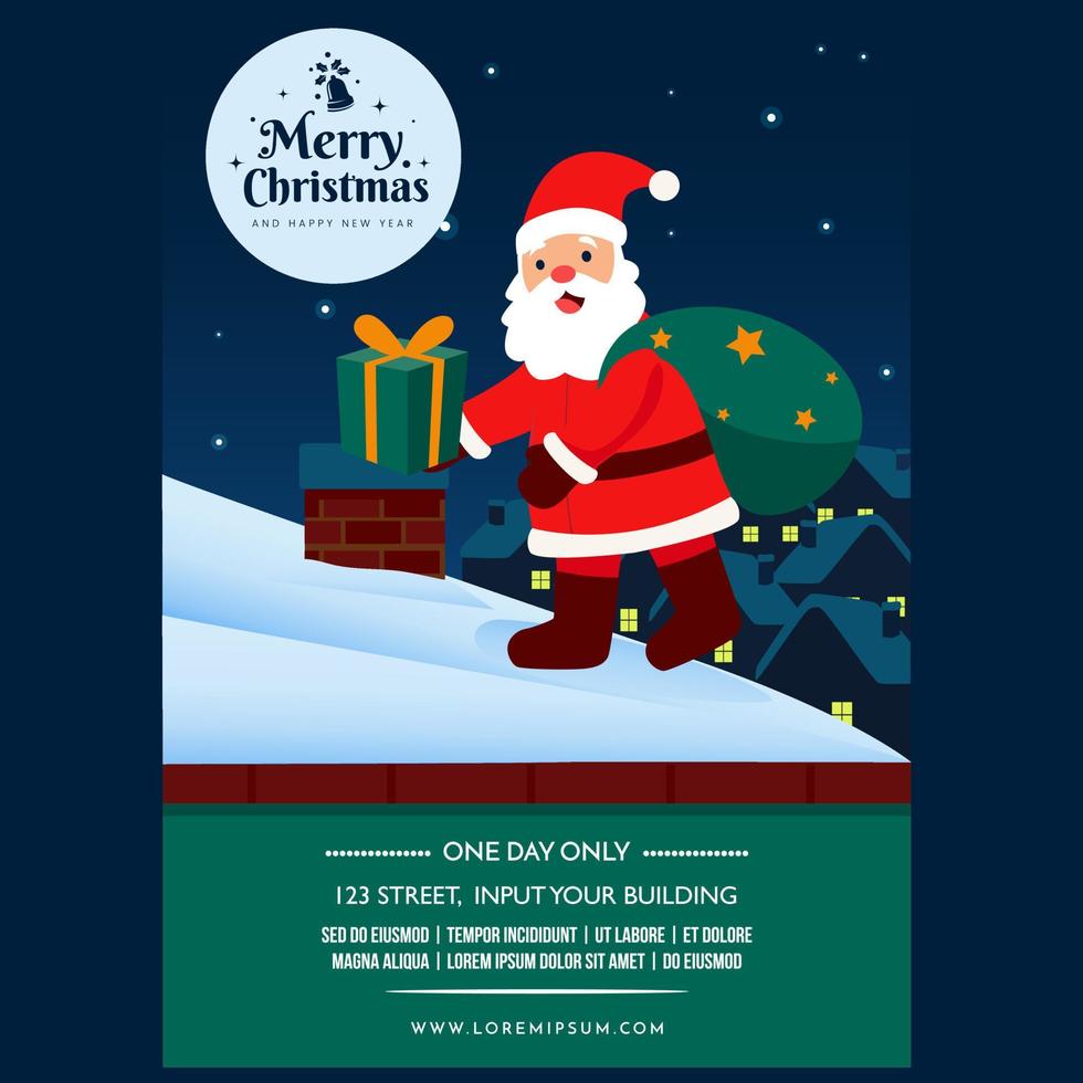 Merry Christmas with Santa Bring Bag Give Prize on the Roof home poster flayer banner design vector