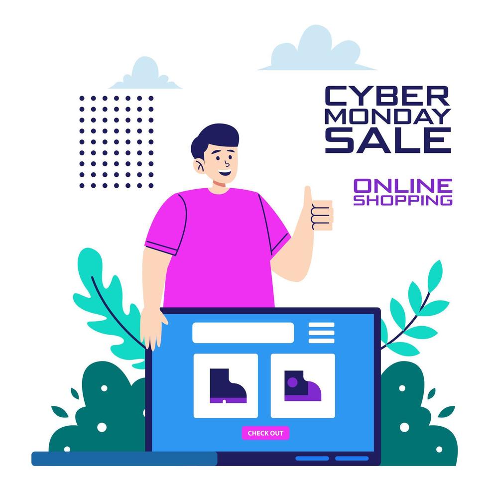 Flat Illustration Man Online Shopping on Laptop in Cyber Monday Sale vector