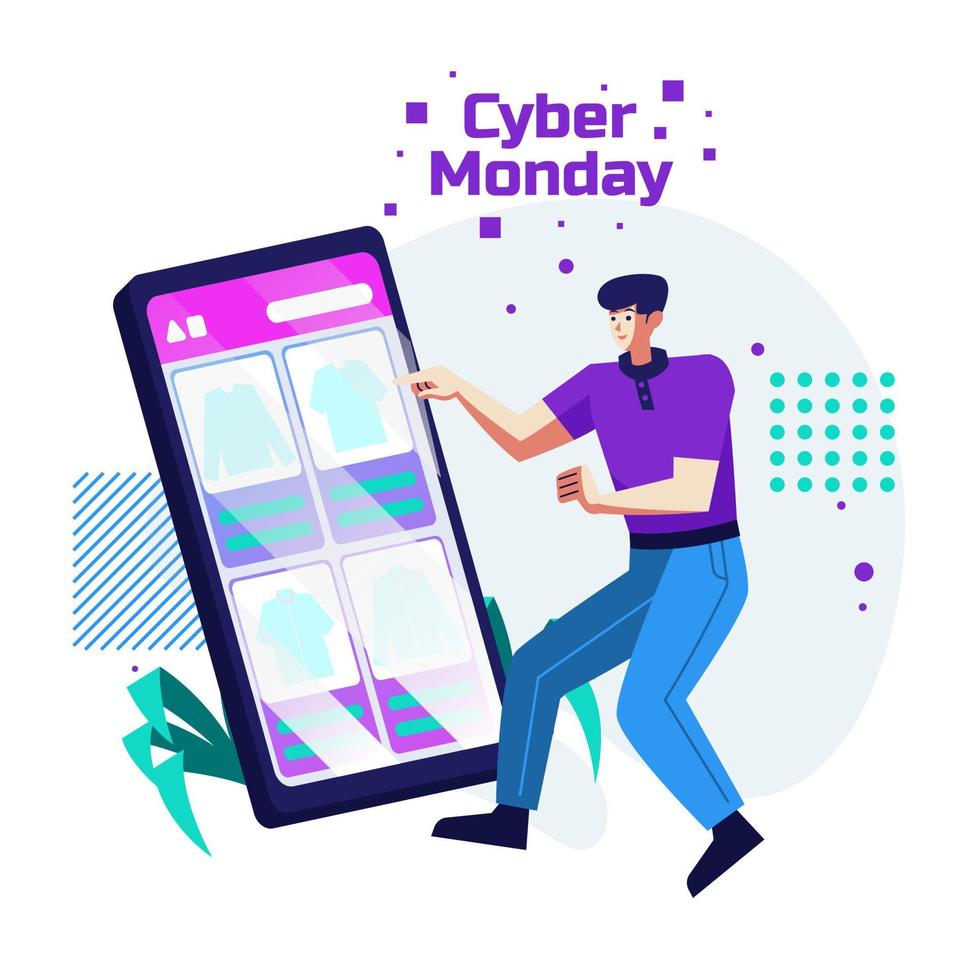 personaje de cyber monday man compra venta de productos en línea en la pantalla del teléfono vector