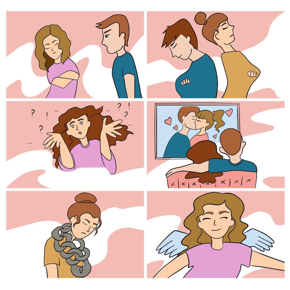 Set of vector illustrations a lot of different psychological situations. Male and female characters are quarreling, the woman is confused and sad. Happiness and love.