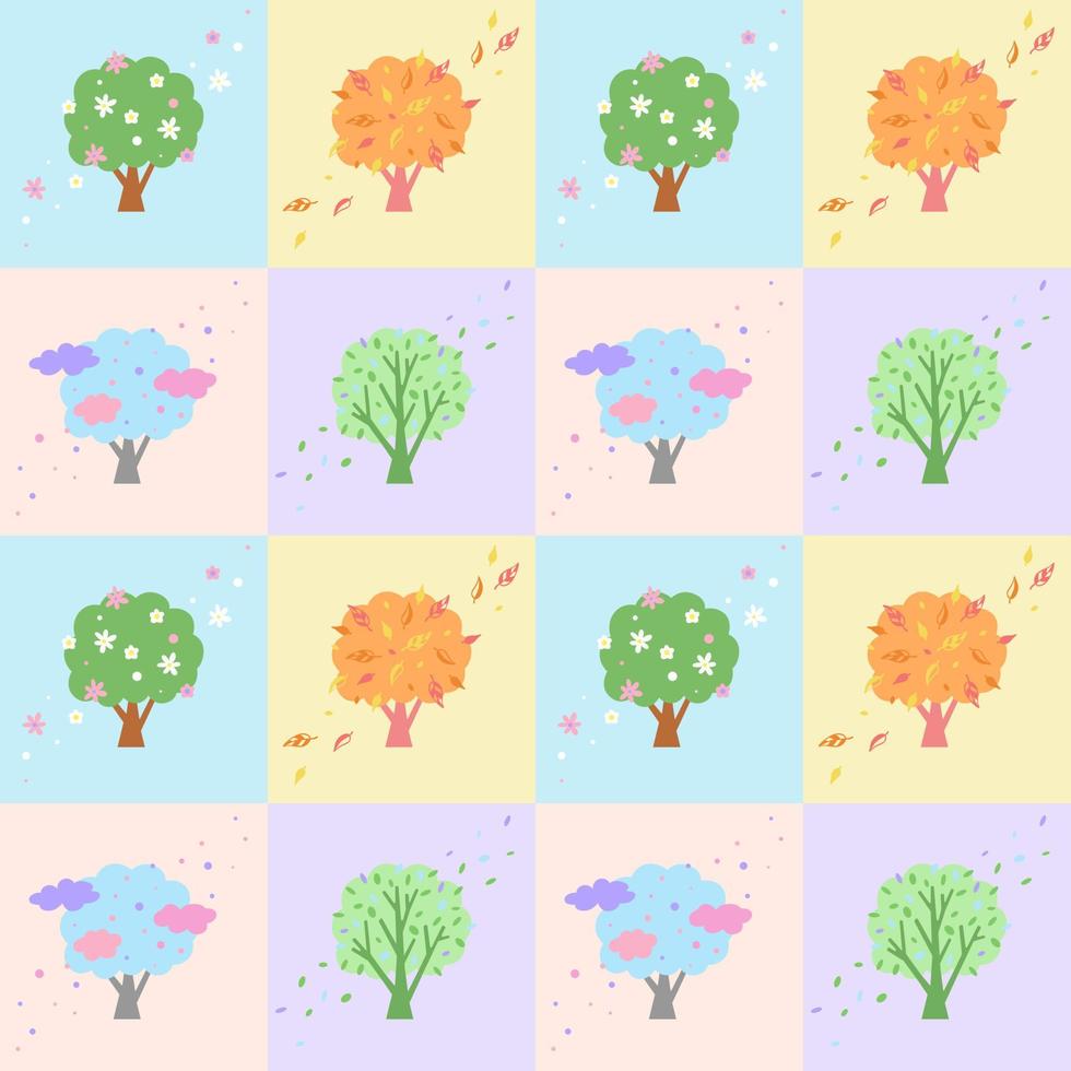 Seamless vector pattern for children in pastel colors. Change of seasons four trees at different times of the year.