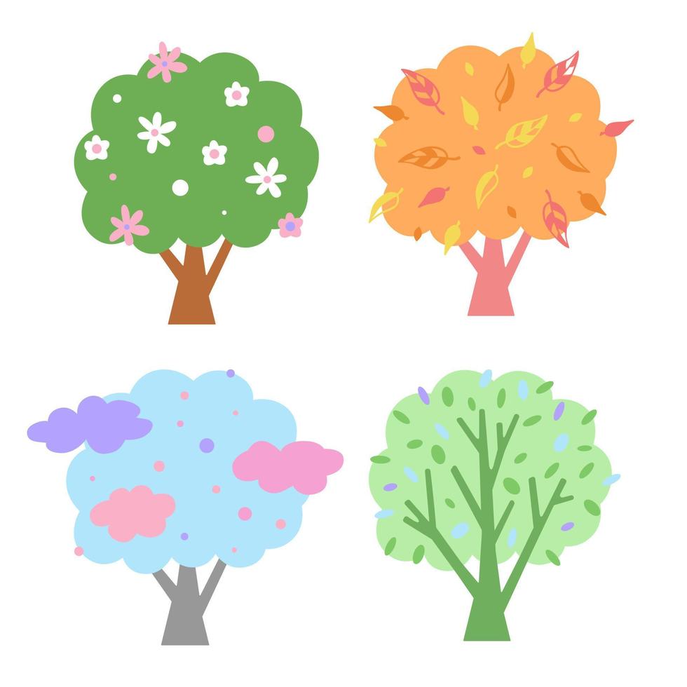 Vector illustration for children in pastel colors. Change of seasons four trees at different times of the year.