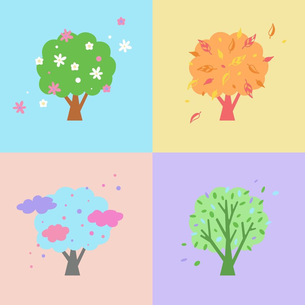 ilustración vectorial para niños en colores pastel. cambio de estaciones cuatro árboles en diferentes épocas del año. vector