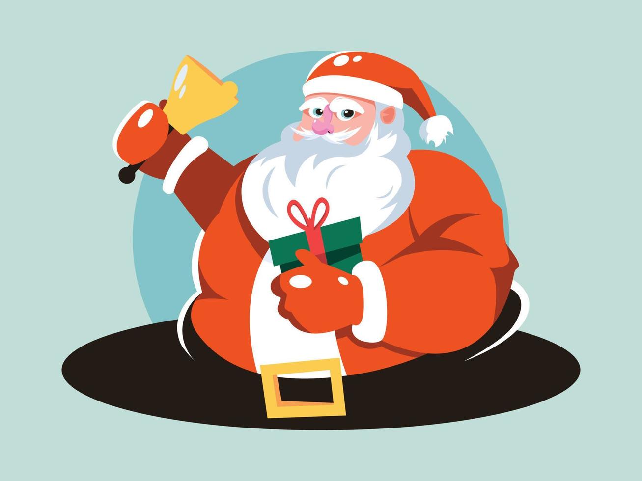 Santa Claus with Christmas gift and golden bell. Cute cartoon character vector
