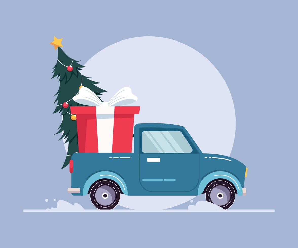 Merry Christmas and Happy New Year. pickup truck with christmas tree and gift box vector